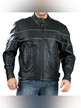 Redline Black Leather Biker Moto Riding Jacket with Contrast Piping Size XL